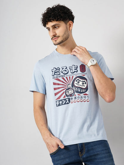 Blue Printed Cotton T-shirt