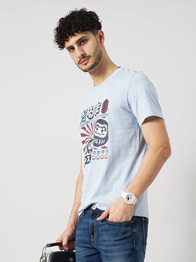 Celio* Printed Regular Fit Cotton Blue T-Shirt