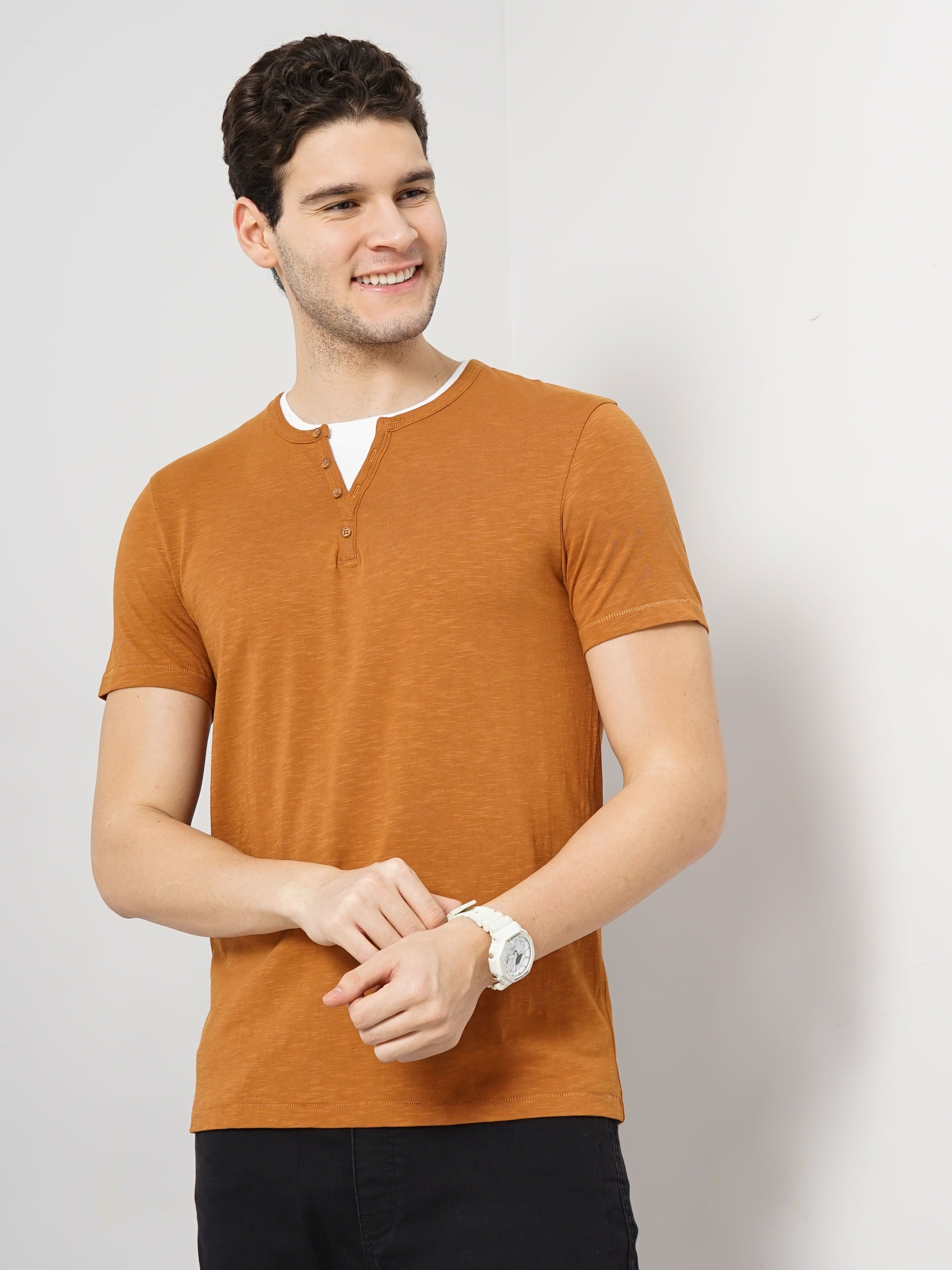 Brown Solid Cotton T-shirt