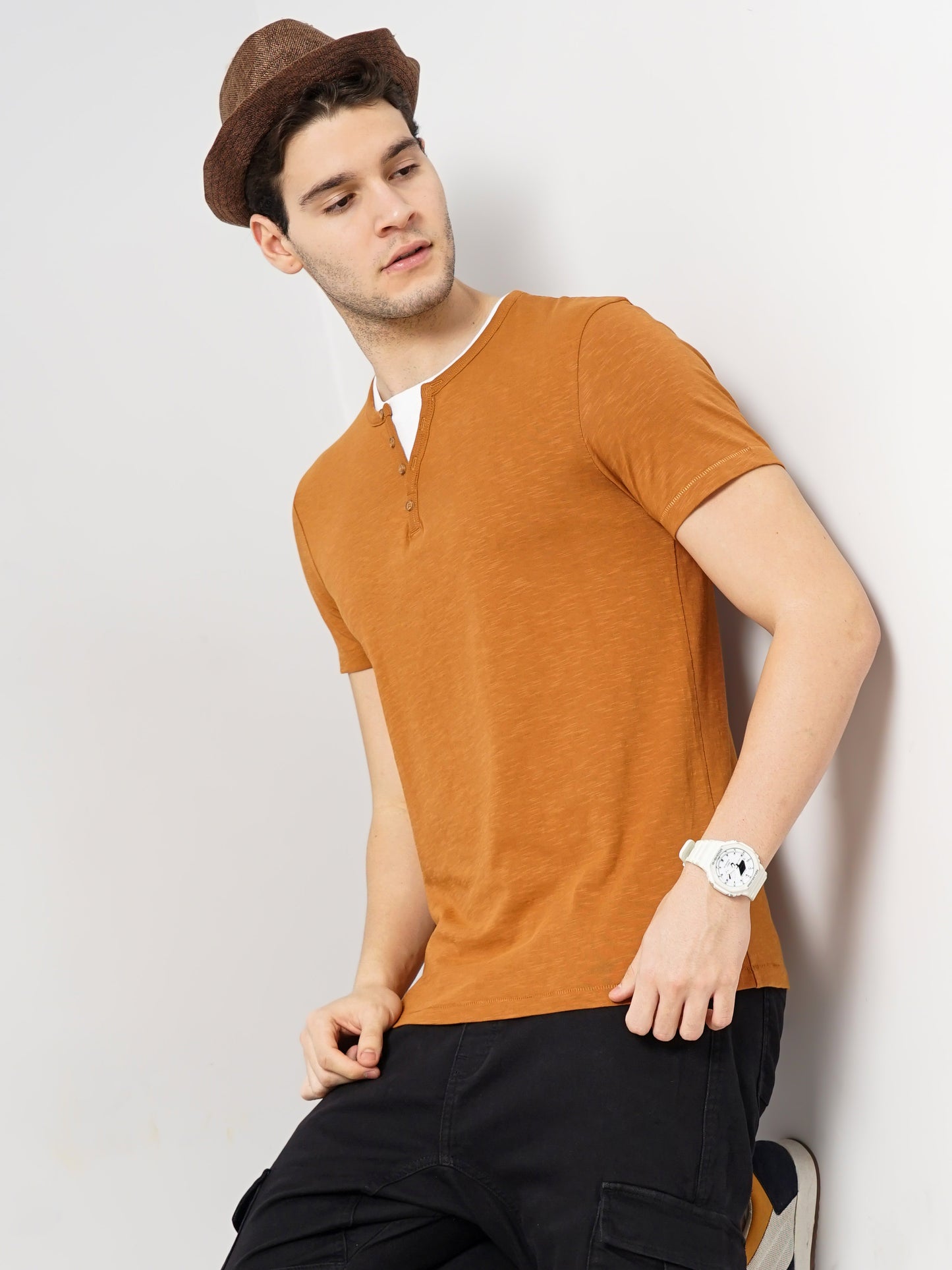 Brown Solid Cotton T-shirt