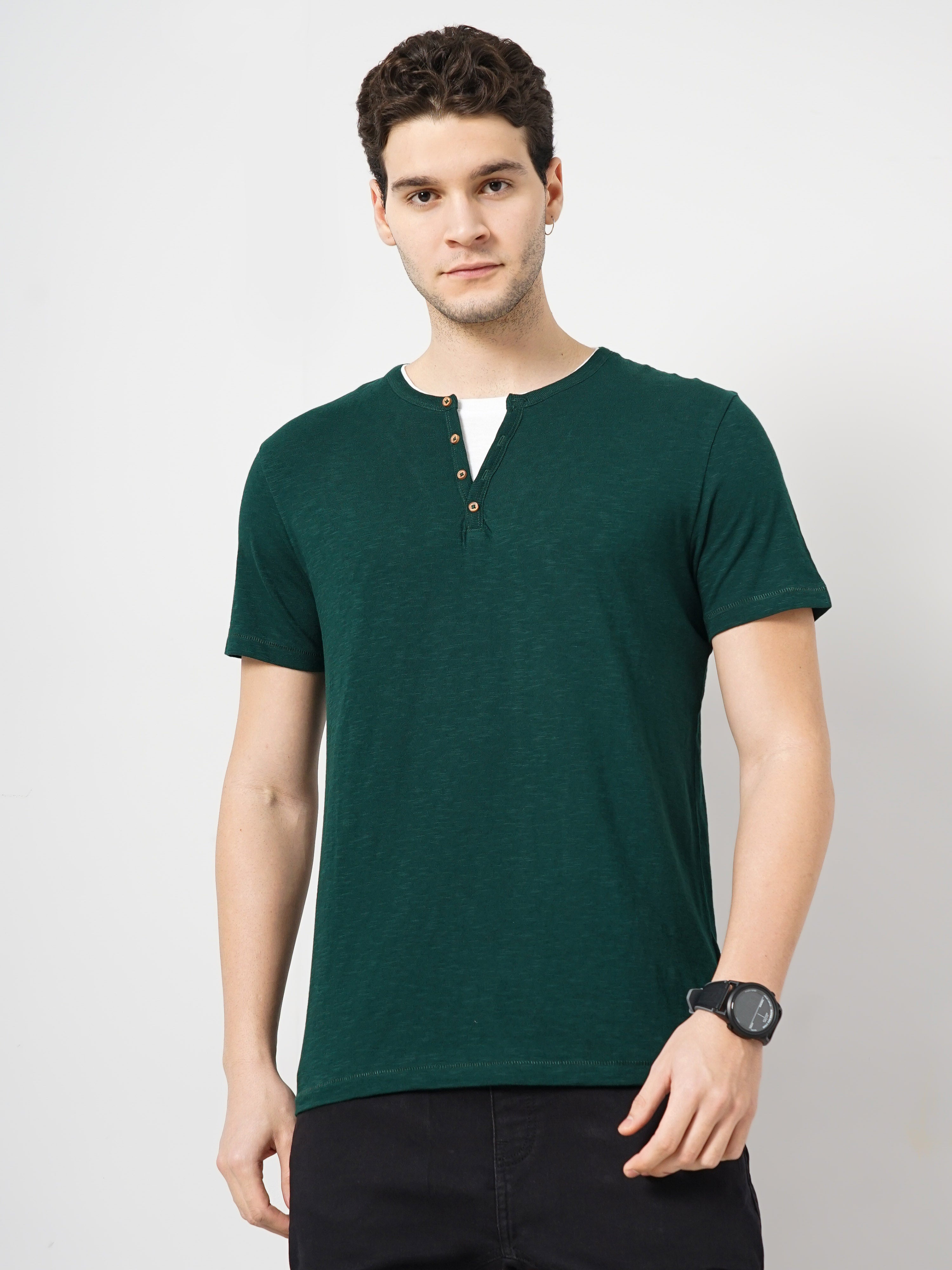 Green Solid Cotton T-shirt