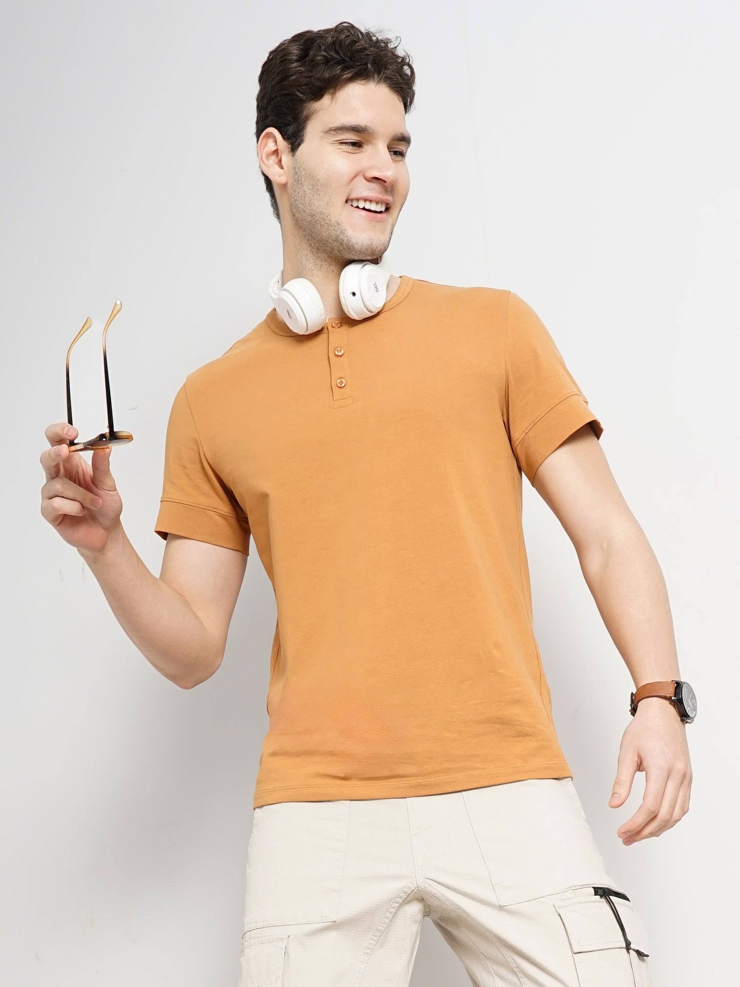 Brown Solid Cotton T-shirt