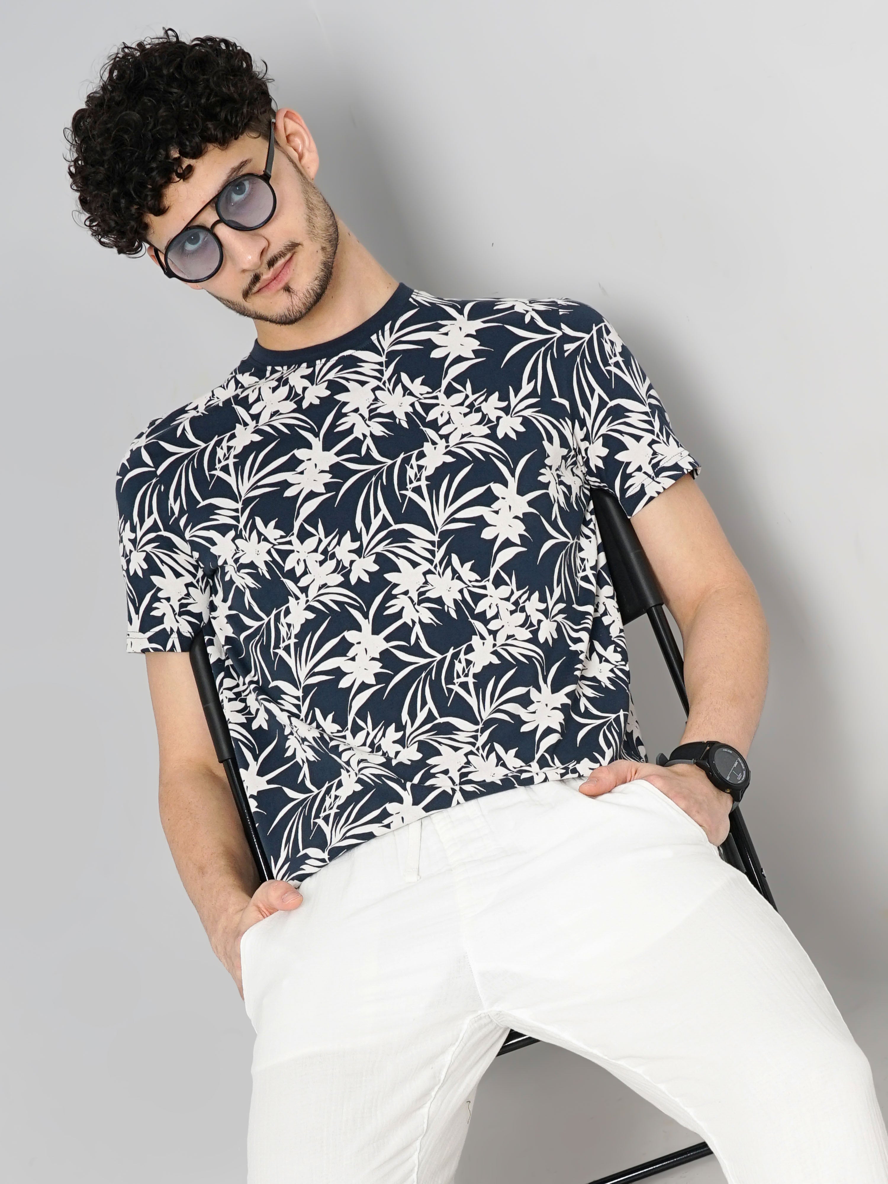 Navy Blue Printed Cotton T-shirt