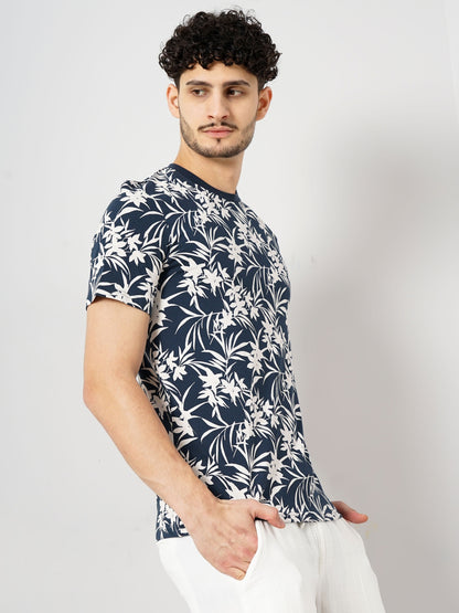 Navy Blue Printed Cotton T-shirt