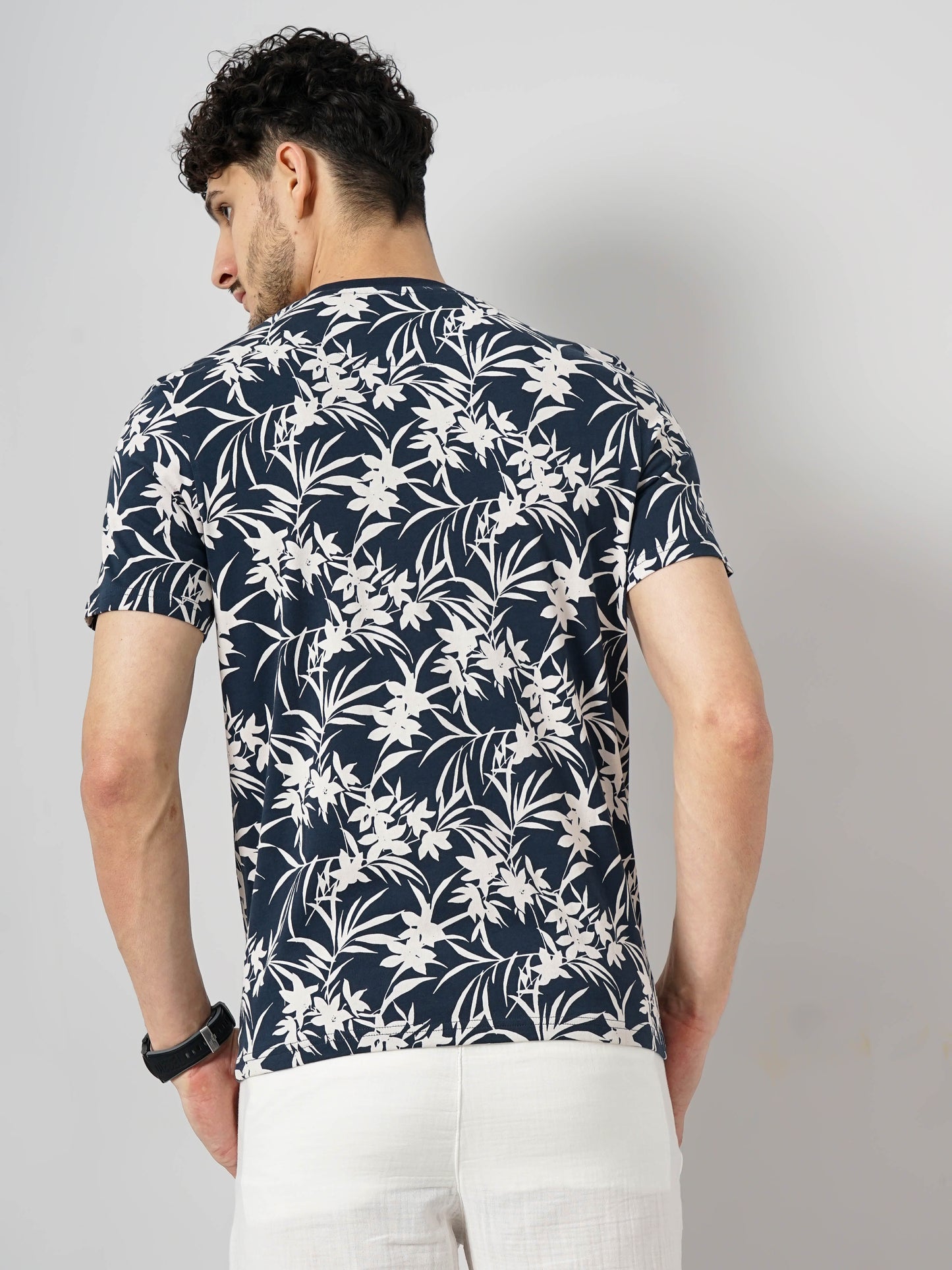 Navy Blue Printed Cotton T-shirt