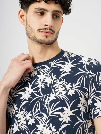 Navy Blue Printed Cotton T-shirt