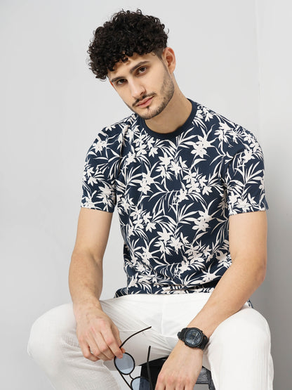 Navy Blue Printed Cotton T-shirt