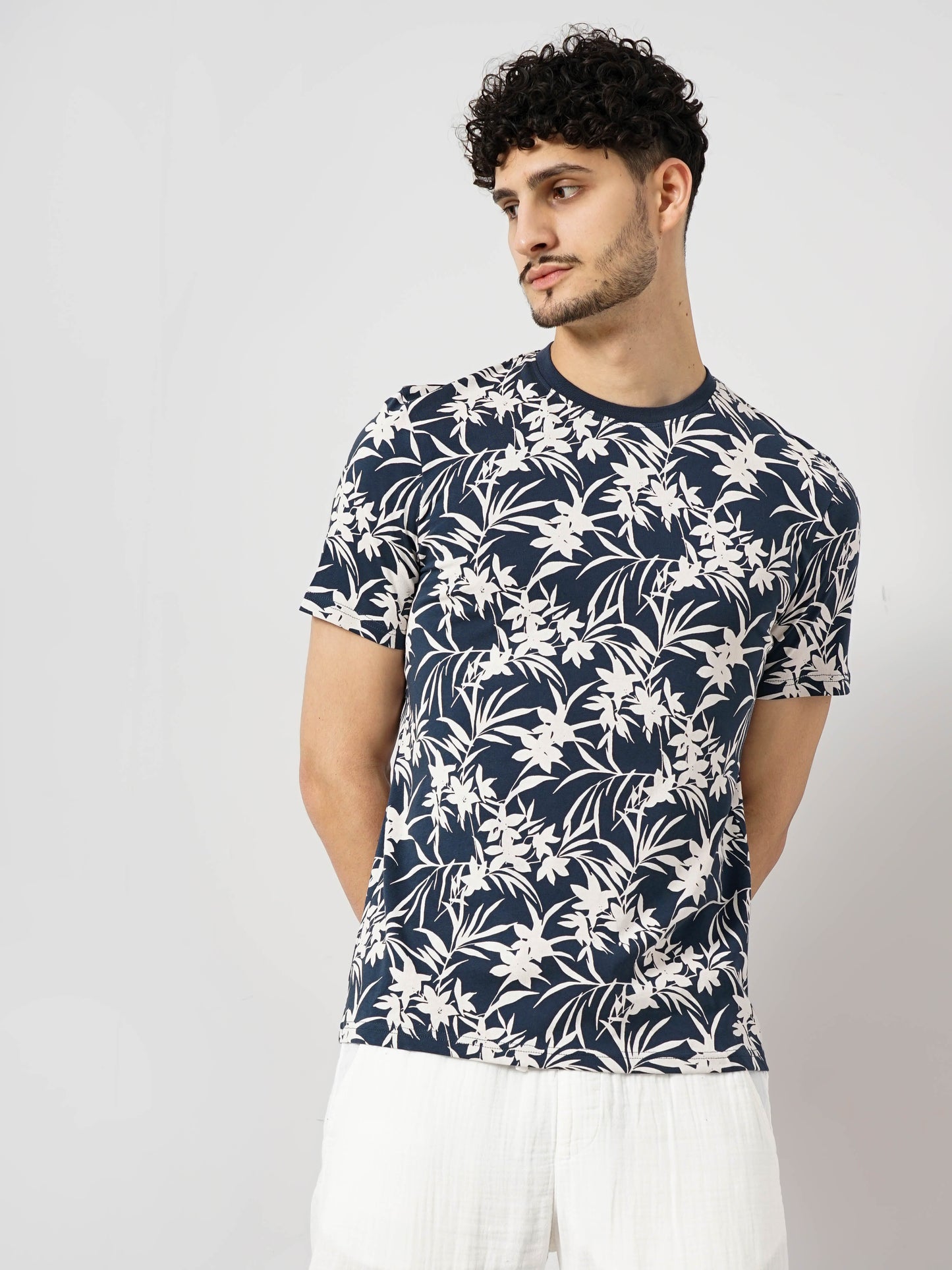 Navy Blue Printed Cotton T-shirt