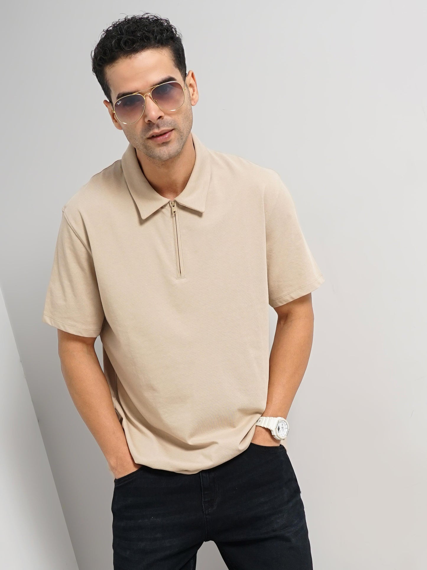 Beige Solid Cotton Polo