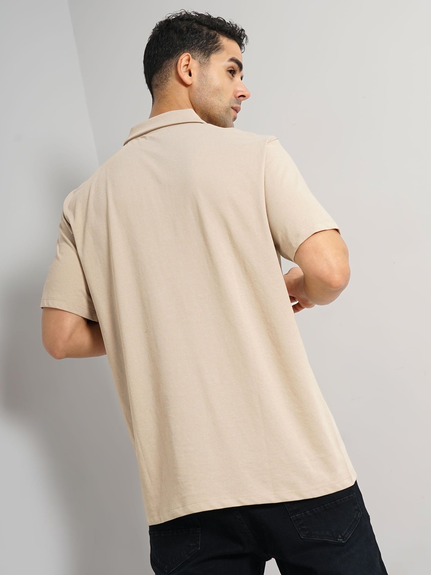 Beige Solid Cotton Polo