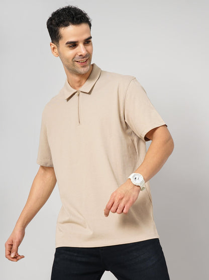 Beige Solid Cotton Polo