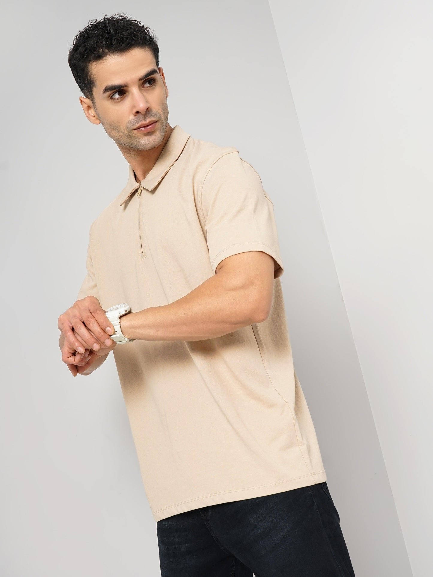 Beige Solid Cotton Polo