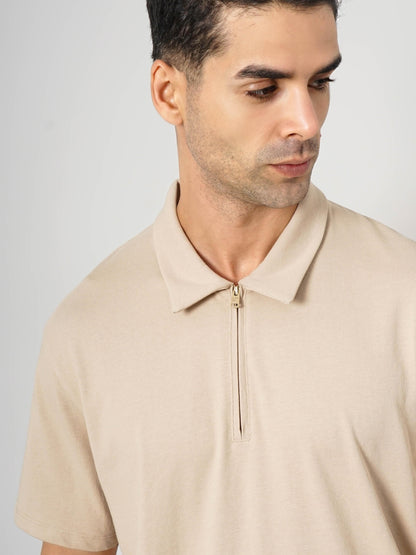 Beige Solid Cotton Polo