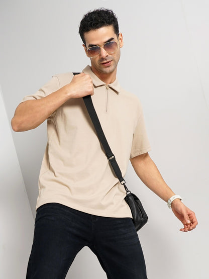 Beige Solid Cotton Polo