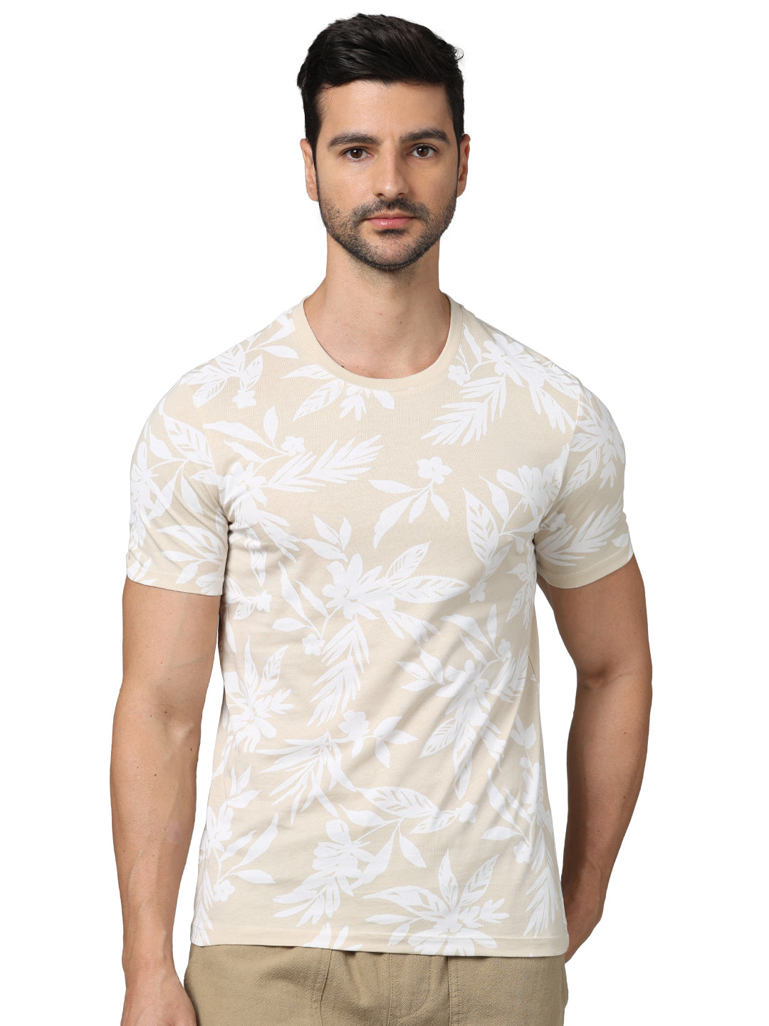 Beige Printed Cotton T-shirt