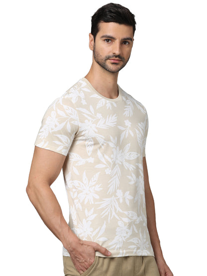 Beige Printed Cotton T-shirt