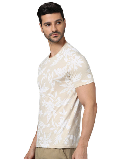 Beige Printed Cotton T-shirt