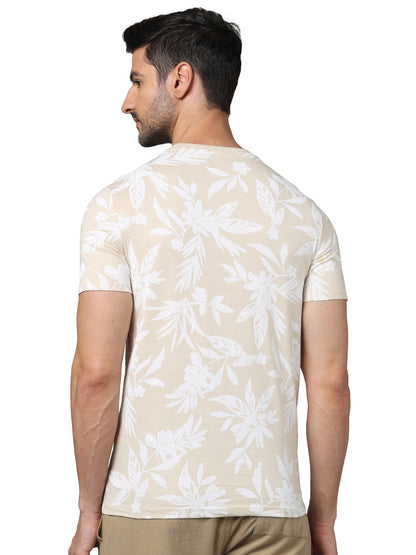 Beige Printed Cotton T-shirt