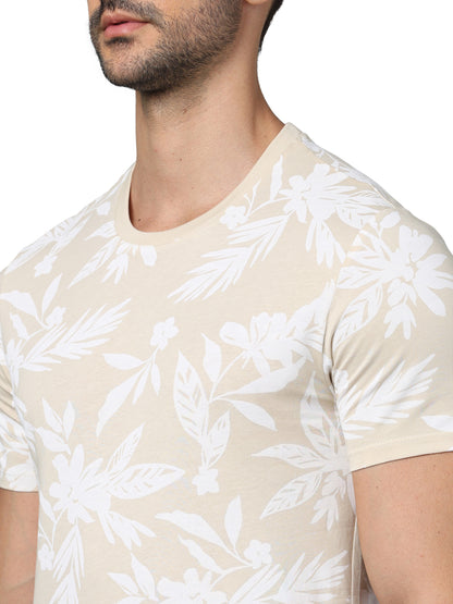 Beige Printed Cotton T-shirt