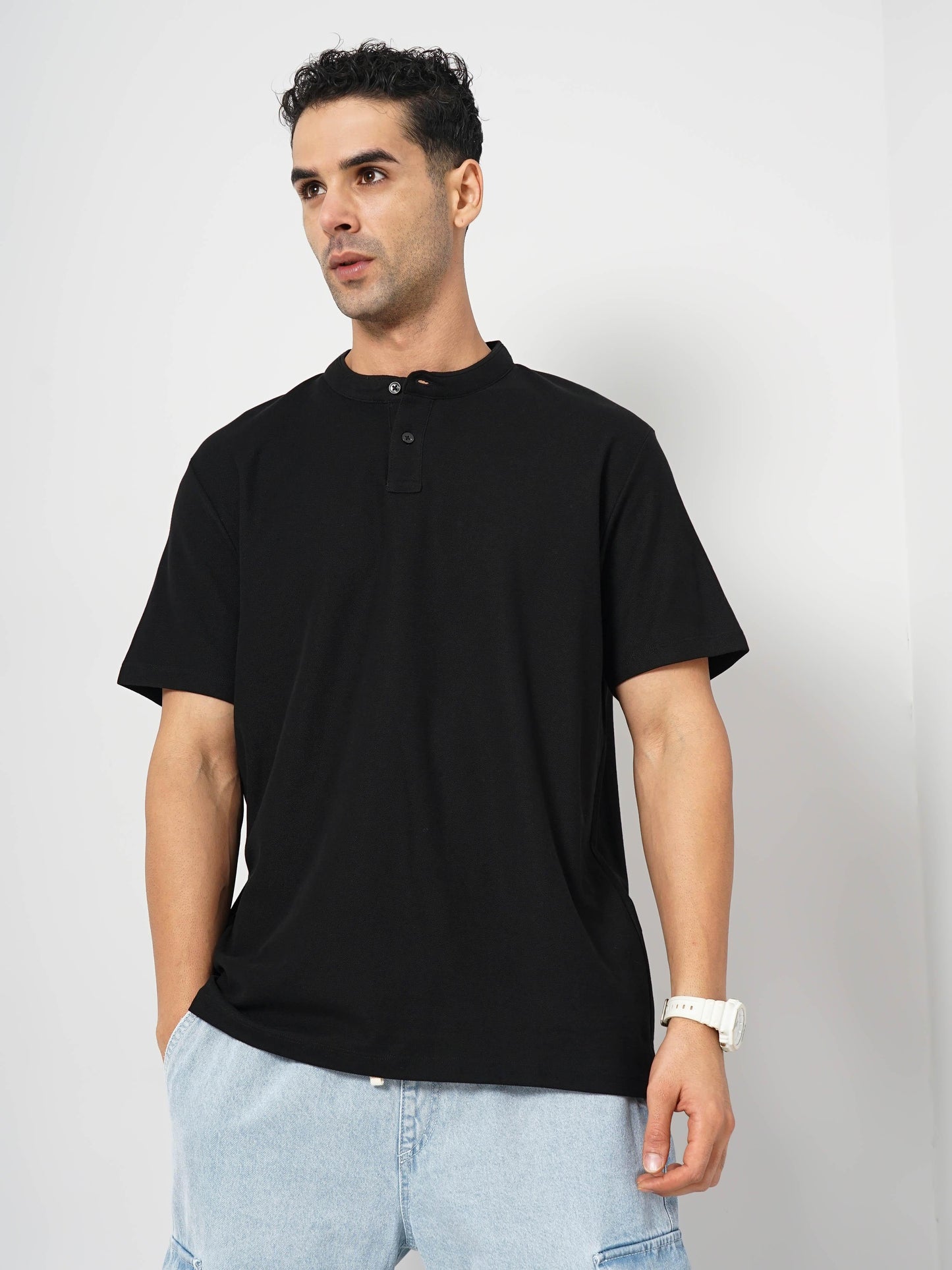 Black Solid Cotton Polo