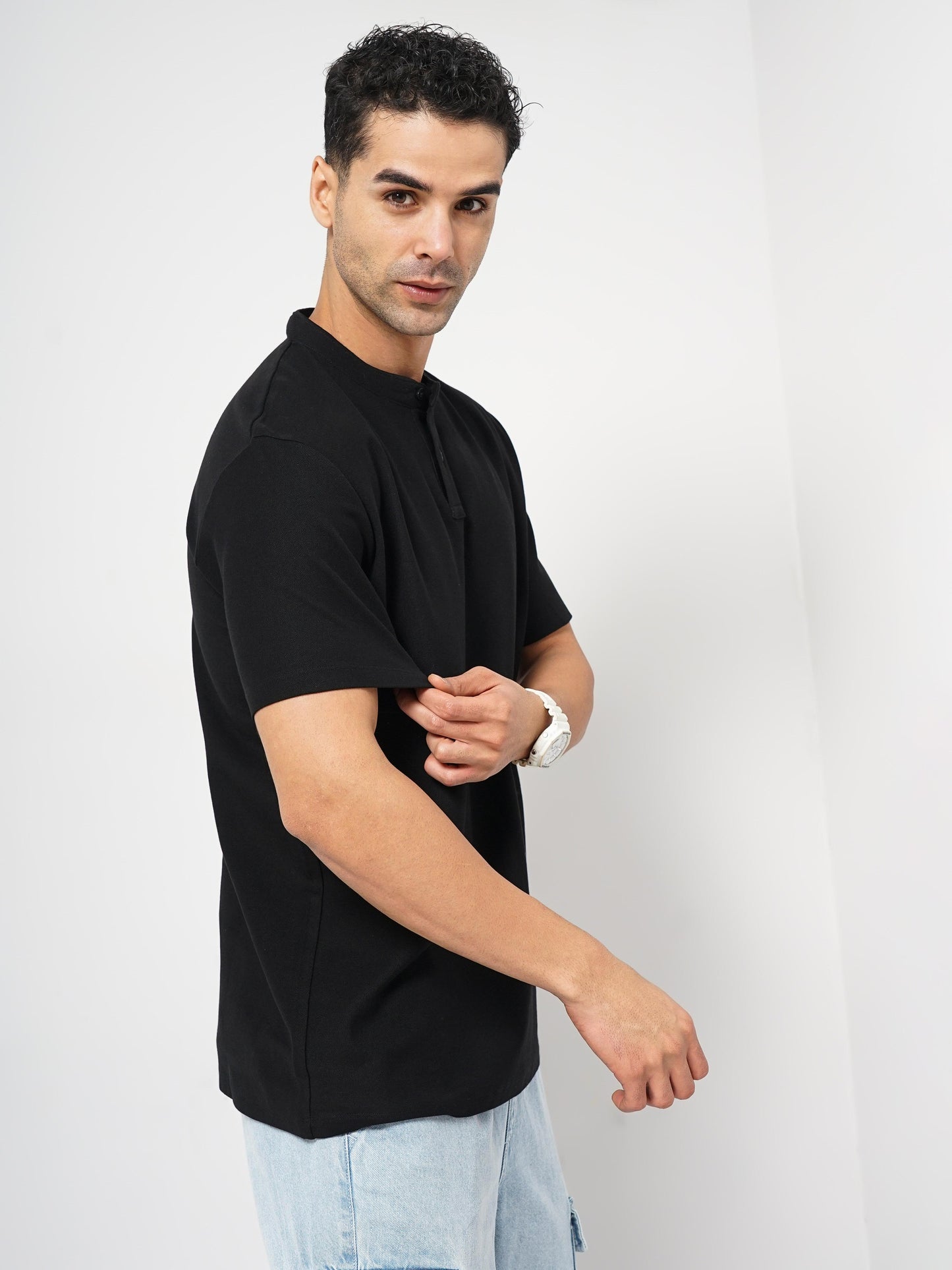 Black Solid Cotton Polo