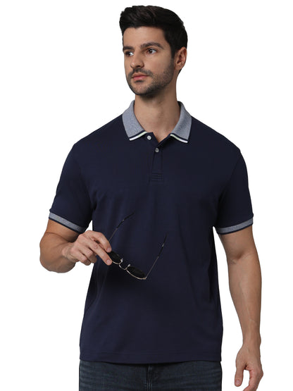 Navy Blue Solid Cotton Polo