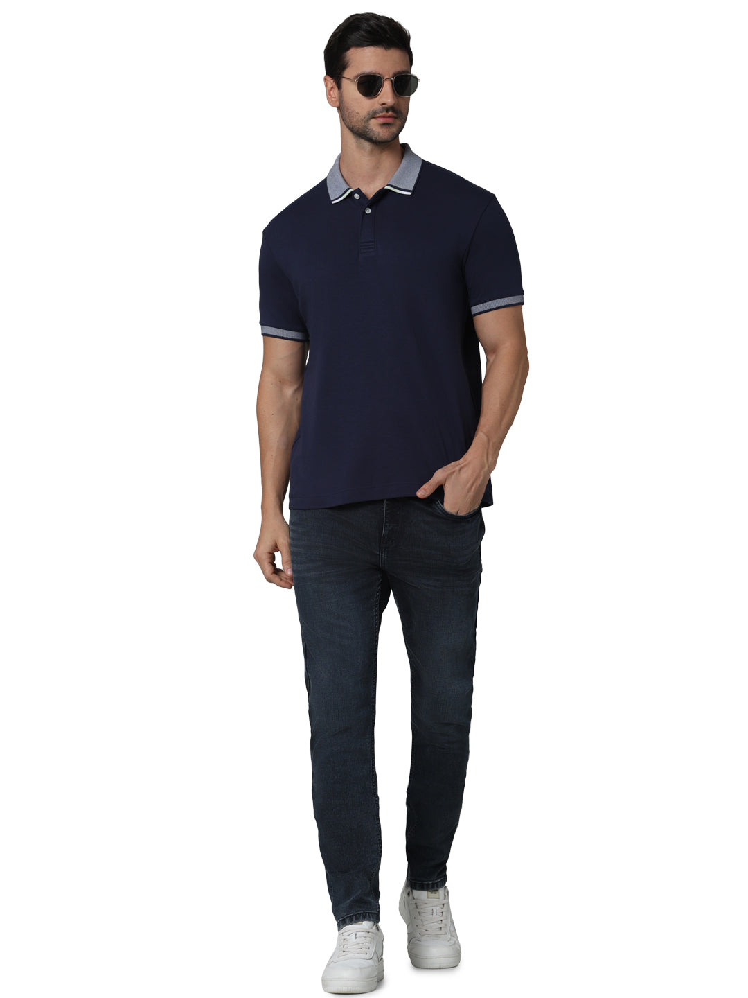 Navy Blue Solid Cotton Polo