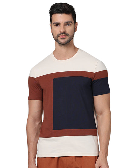 Beige Colourblock Cotton T-shirt