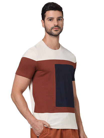 Beige Colourblock Cotton T-shirt