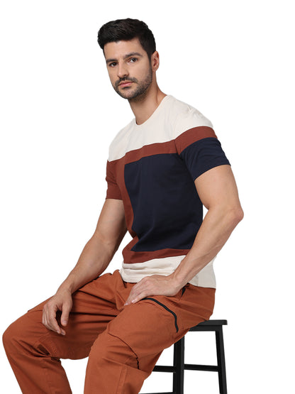 Beige Colourblock Cotton T-shirt