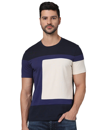 Navy Blue Colourblock Cotton T-shirt