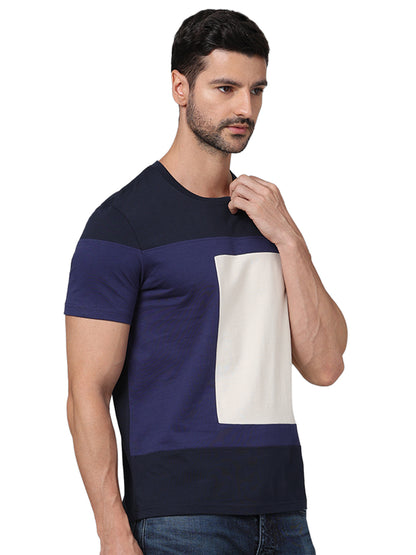 Navy Blue Colourblock Cotton T-shirt