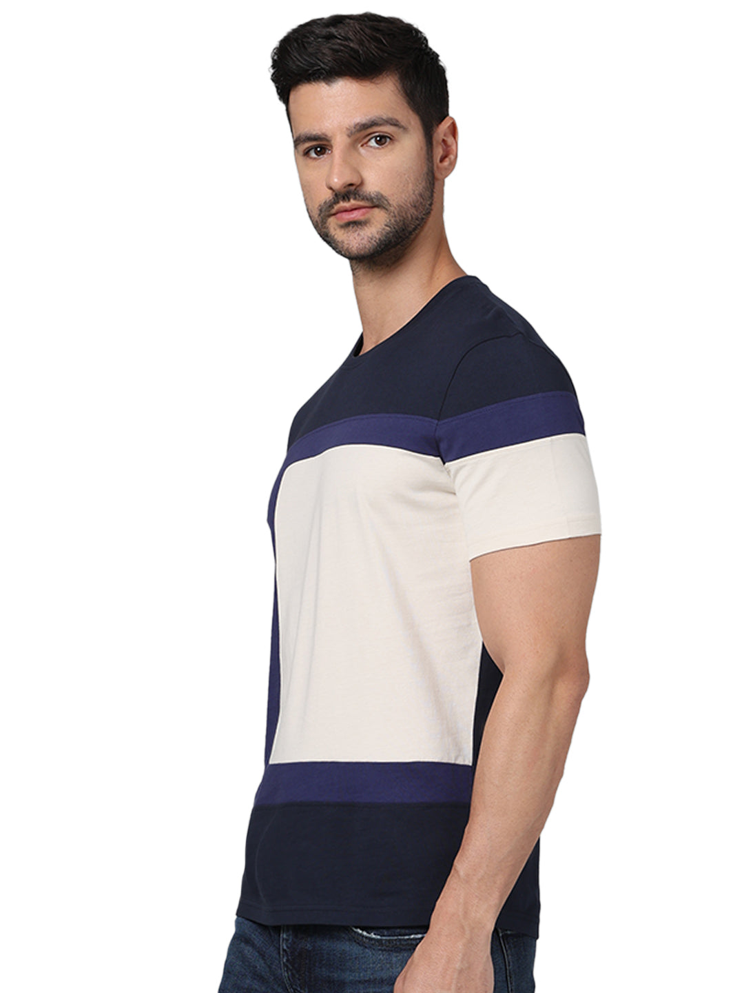 Navy Blue Colourblock Cotton T-shirt