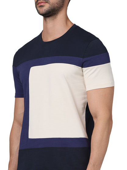 Navy Blue Colourblock Cotton T-shirt