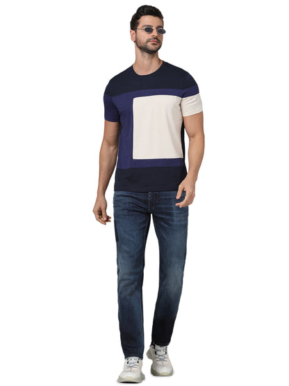 Navy Blue Colourblock Cotton T-shirt