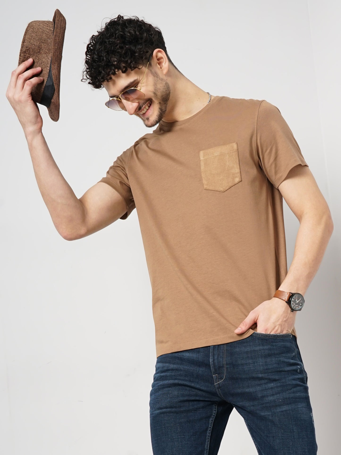 Brown Solid Cotton T-shirt