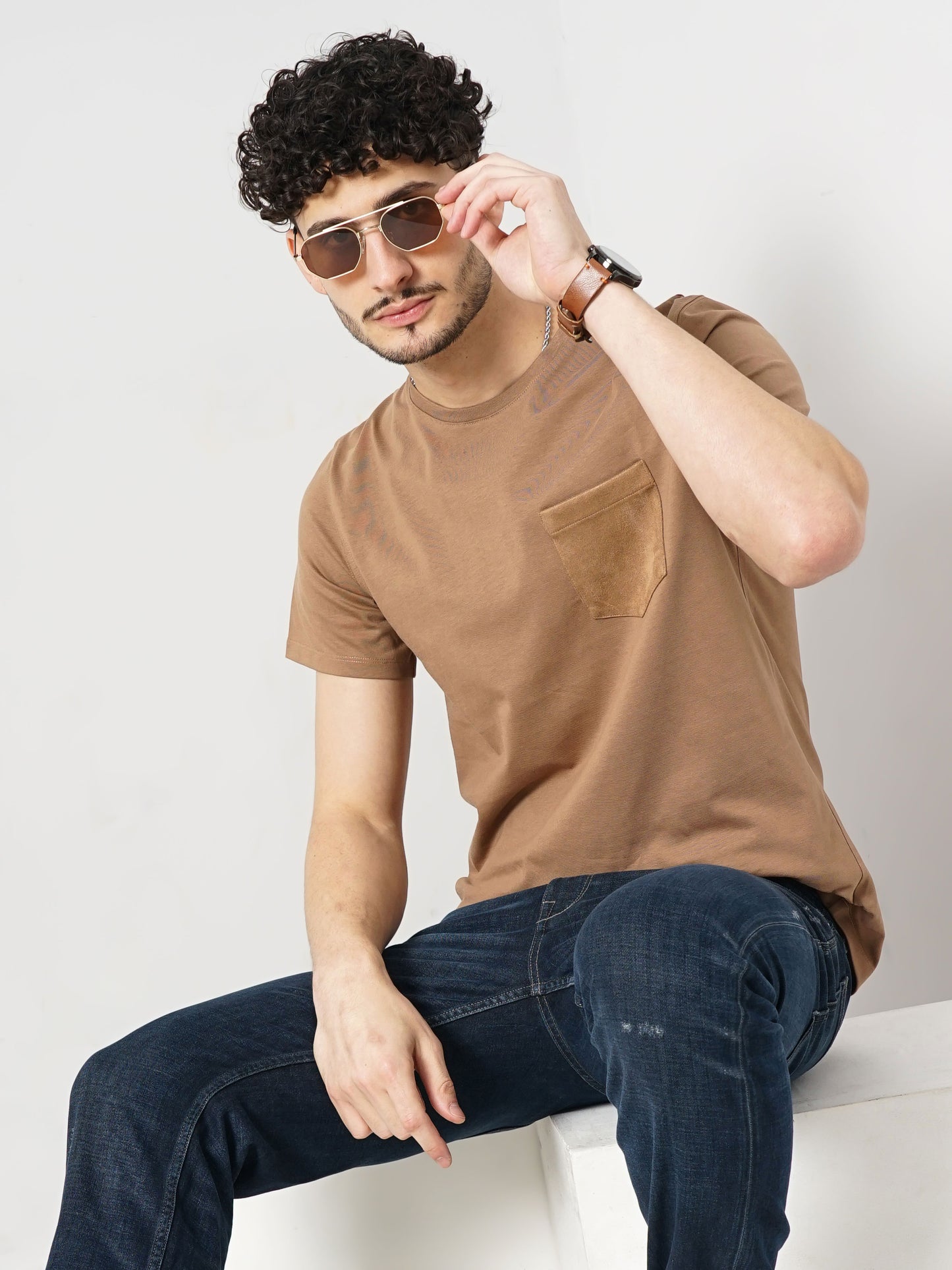 Brown Solid Cotton T-shirt