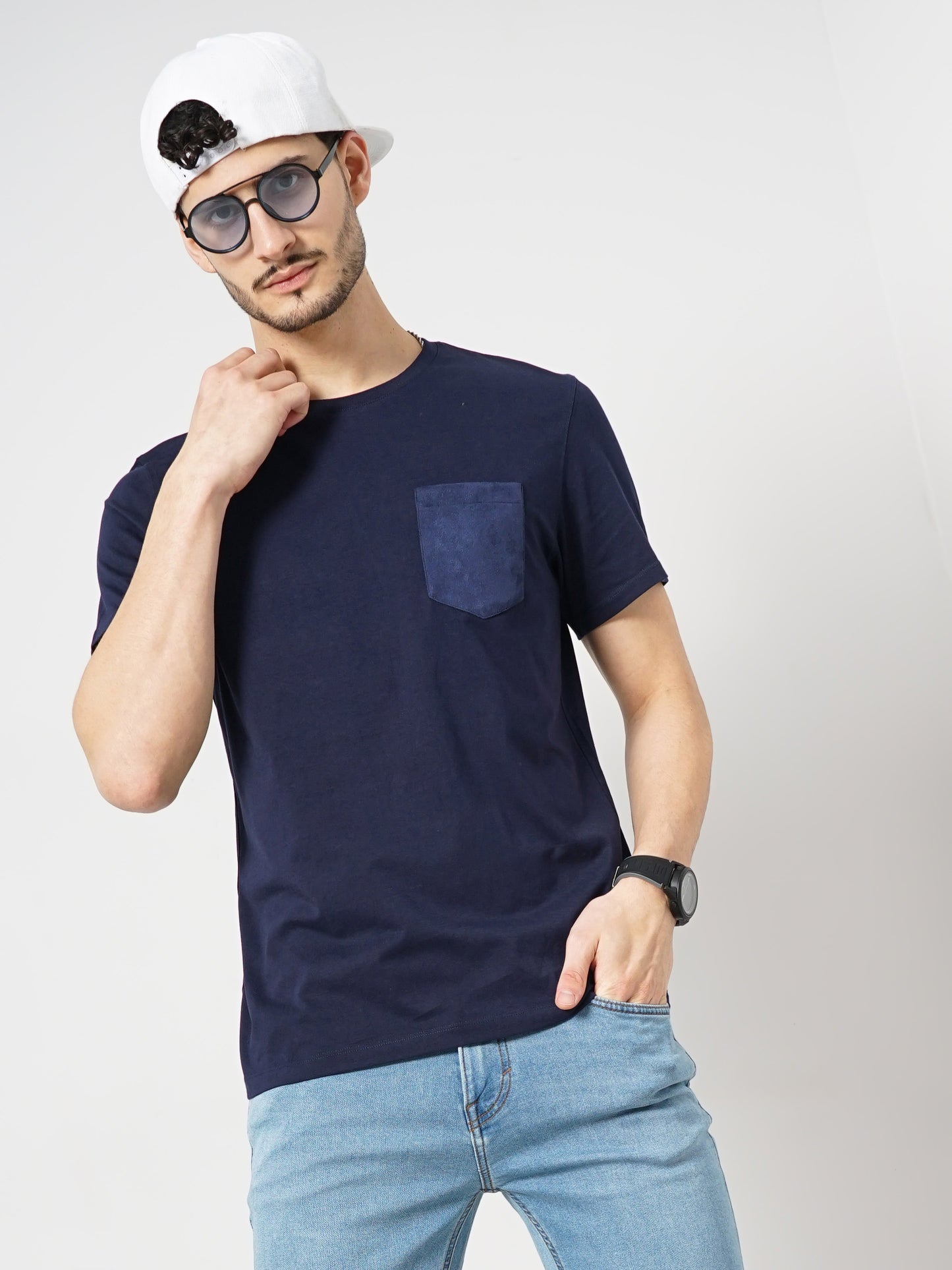 Navy Blue Solid Cotton T-shirt