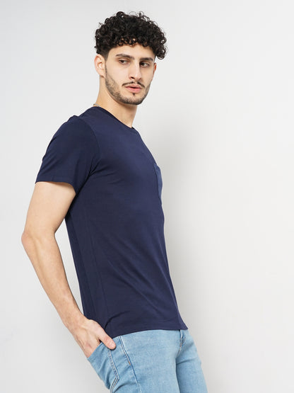 Navy Blue Solid Cotton T-shirt