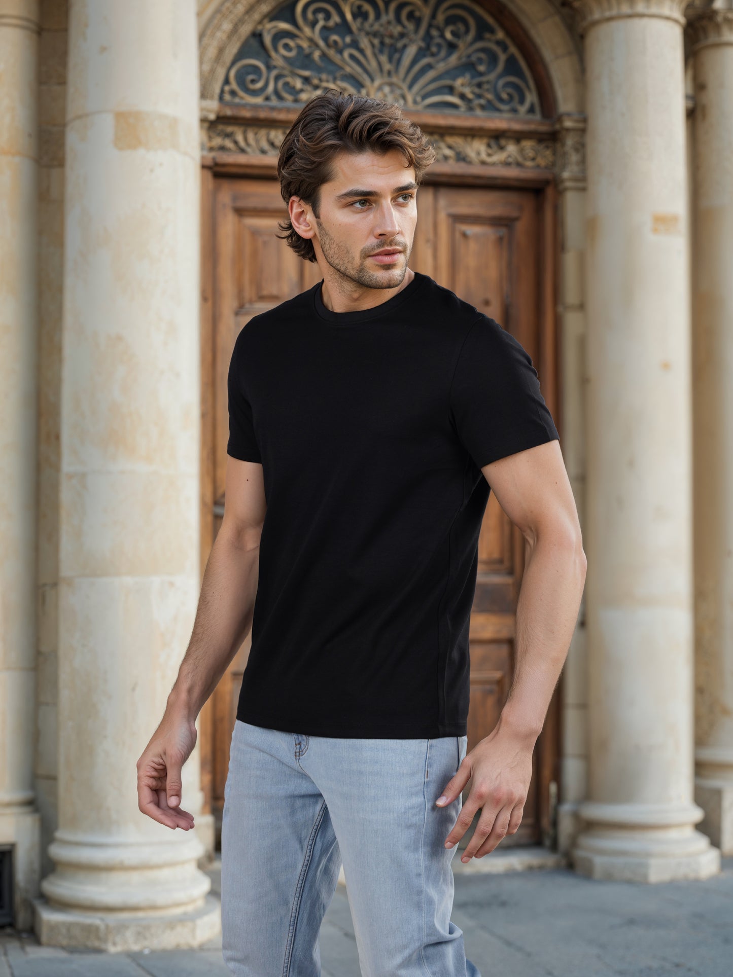 Celio* Solid Regular Fit Poly-Cotton Black T-Shirt