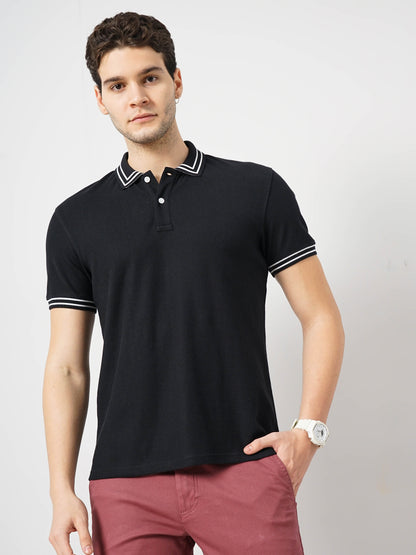 Black Solid Cotton Polo