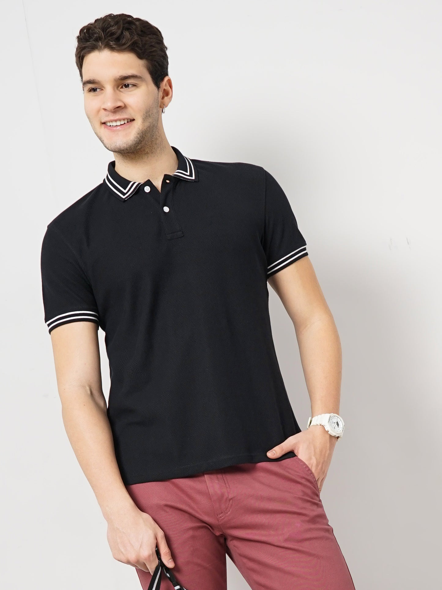 Black Solid Cotton Polo