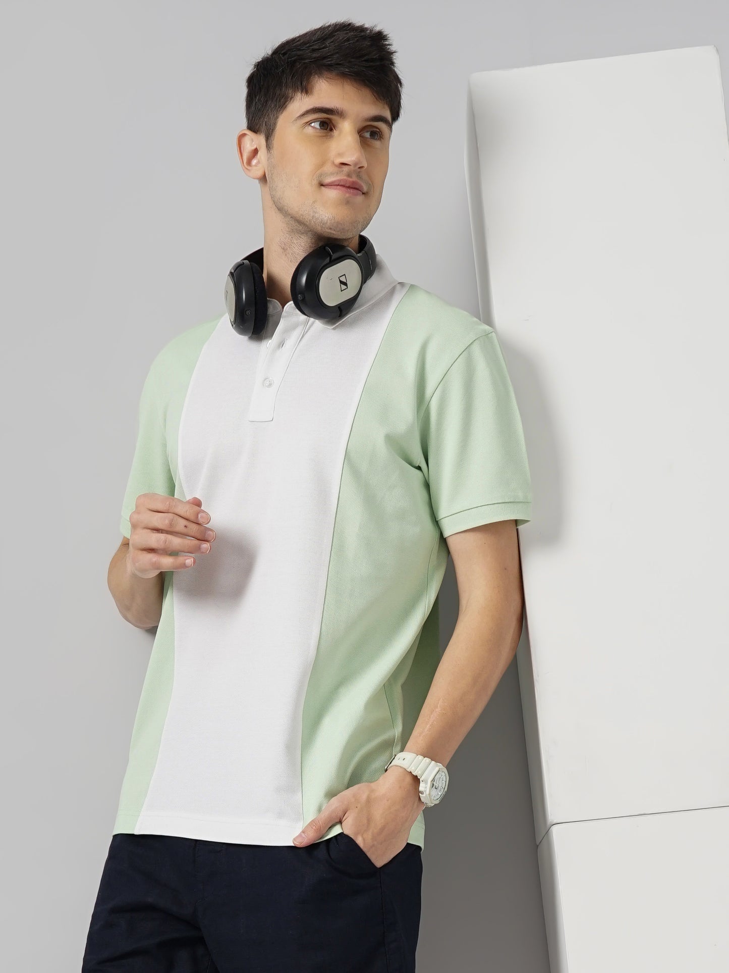 Green Colourblock Cotton Polo