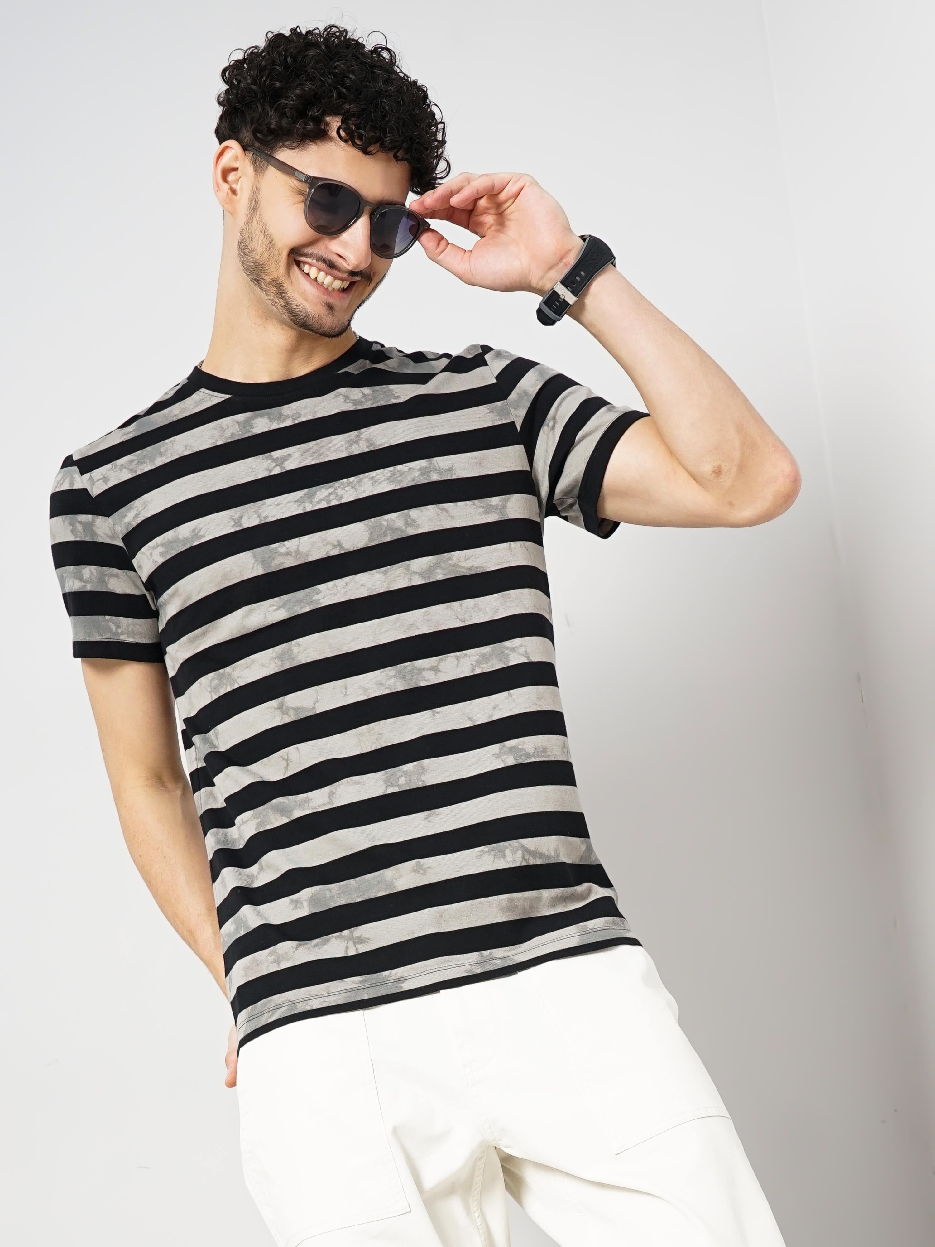 Grey Striped Cotton T-shirt