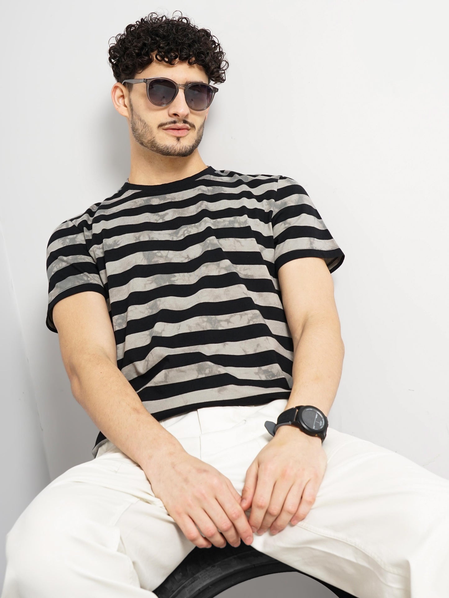 Grey Striped Cotton T-shirt