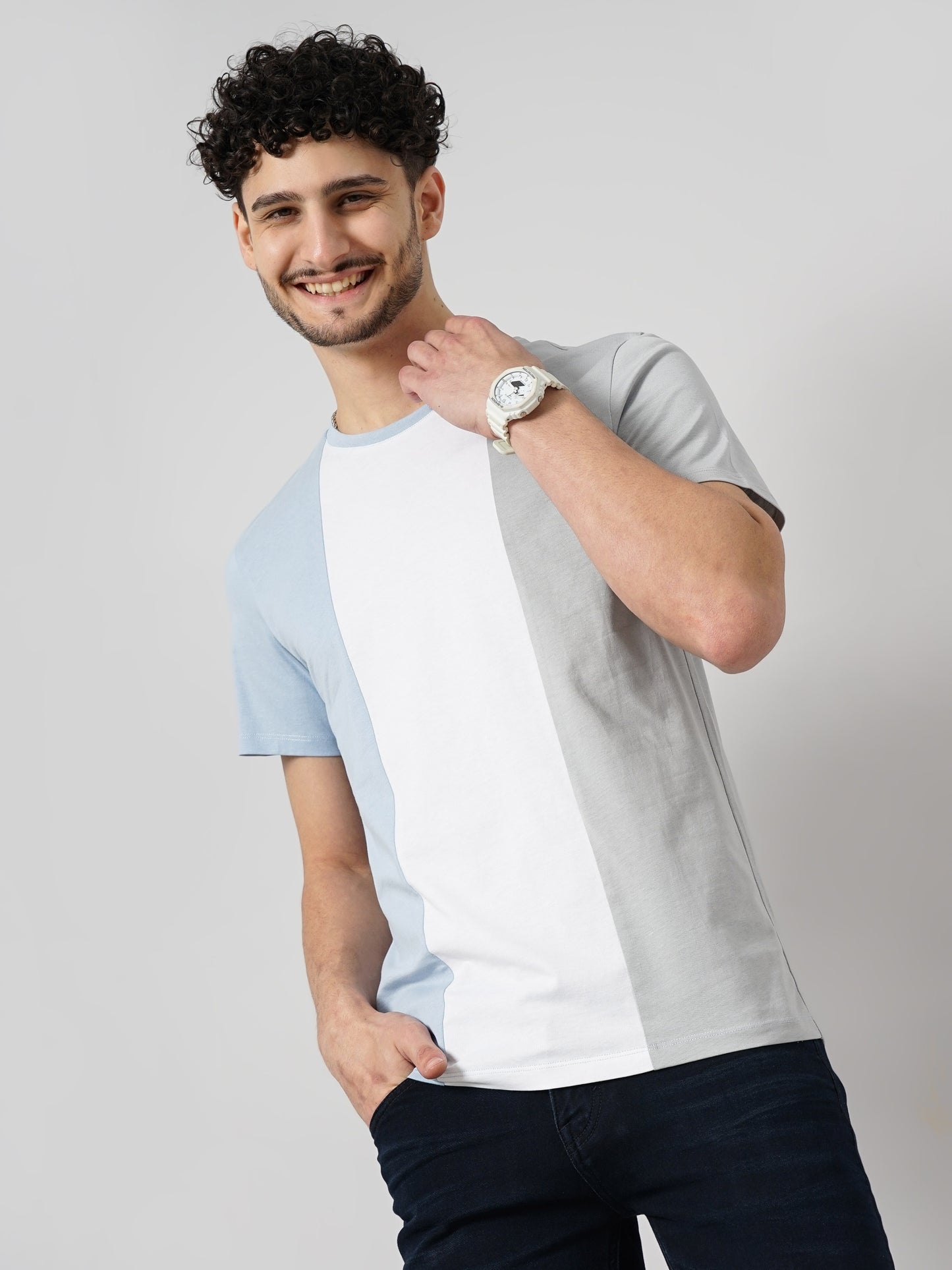 Blue Colourblock Cotton T-shirt