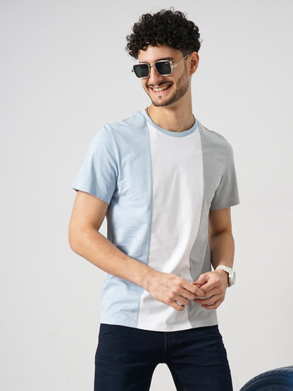 Blue Colourblock Cotton T-shirt