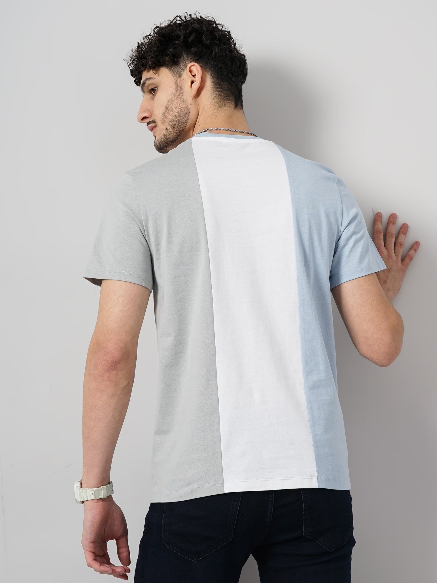 Blue Colourblock Cotton T-shirt