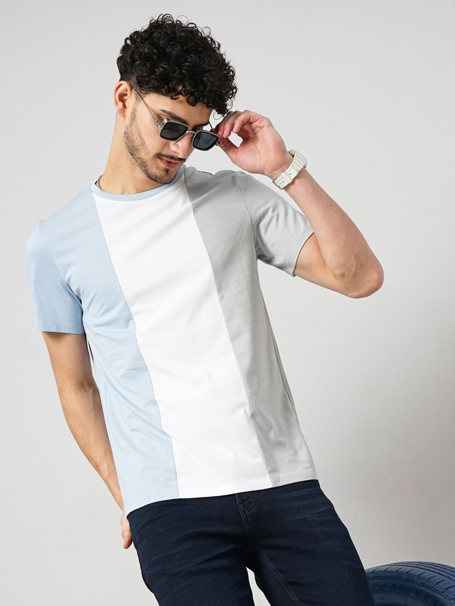 Blue Colourblock Cotton T-shirt