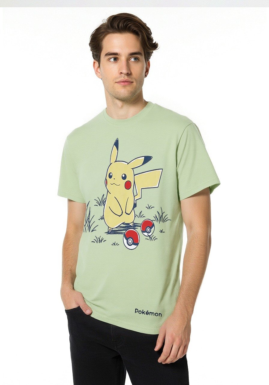 Celio* Pokemon Men Green Printed Regular Fit Cotton T-shirt